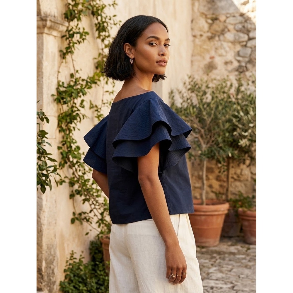 Whit NY Navy Blue Tiered Ruffle Sleeve Cotton Blouse Top Size L